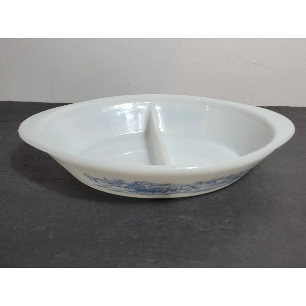 Glasbake Divided Casserole Dish Currier and Ives-The Road in Winter J2352 No Lid